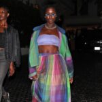 Jodie Turner Smith Stuns in Colorful Purple Blue and Green Plaid Marrakshi Life Ensemble at Chateau