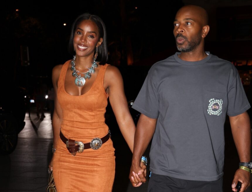 Kelly Rowland Wears Suede Tofe Dress and Represxent Woman Boots in Paris as Tim Weatherspoon Sports