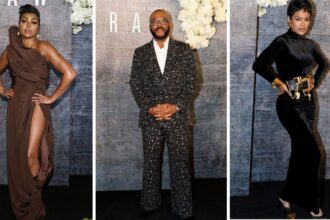 STRAWS Premiere Taraji P. Henson Stuns in a Brown Stephanie Rolland Gown Tyler Perry in a Black Text