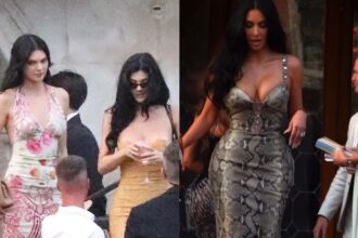 The Kardashian and Jenners Arrive in Venice with Khloe in Robert Cavalli Kim in Snake Print Kyle in