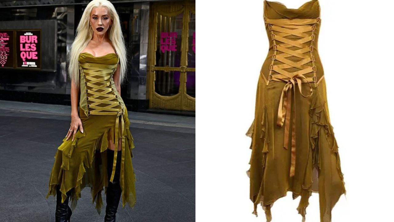 Christina Aguilera Promoted the New Burlesque Musical on Broadway in a Green Vintage Versace Dress f