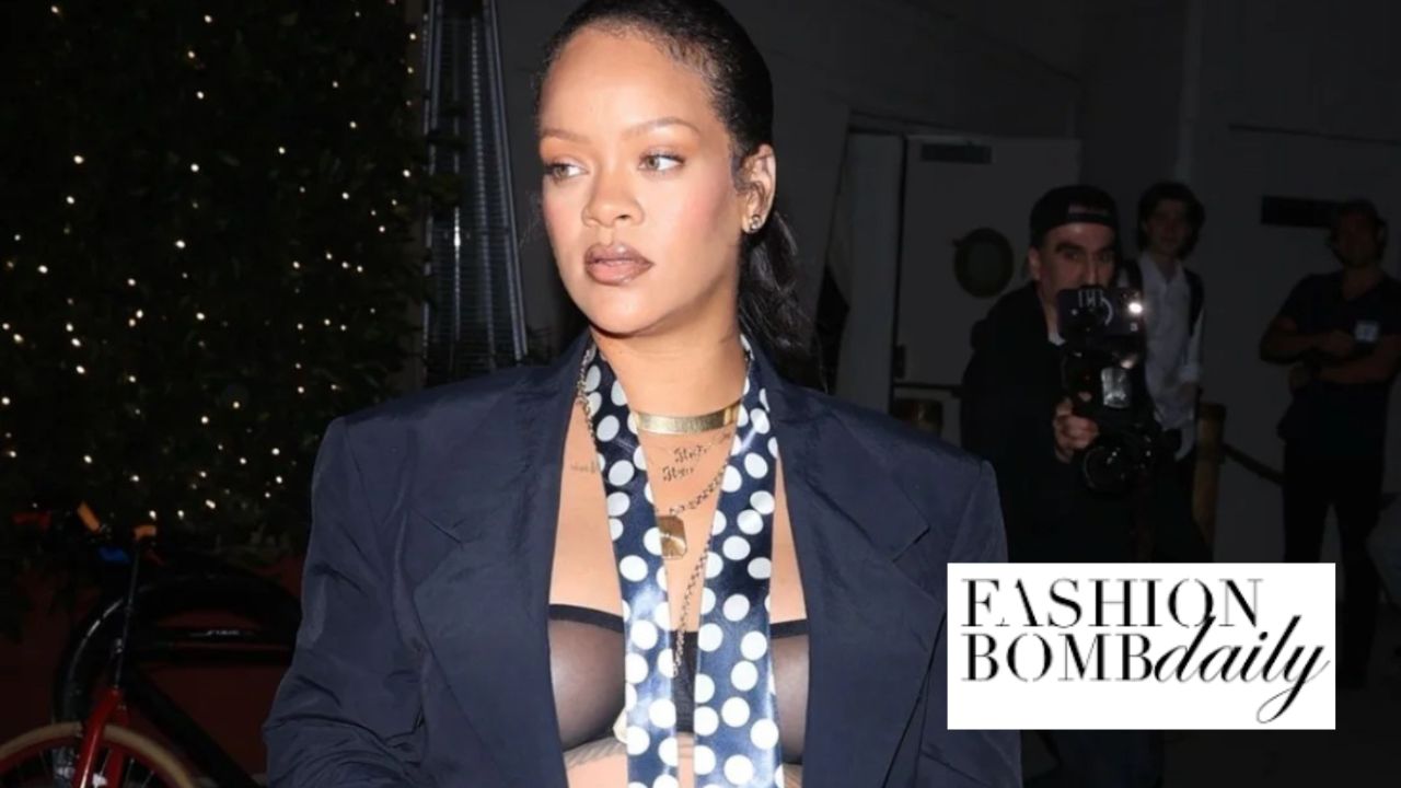 Rihanna Grabbed Dinner at Giorgio Baldi in a Black Oversized Suit with a Polka Dot Tie and Savage X