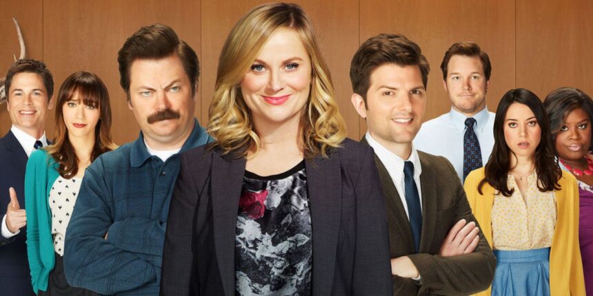a promotional photo featuring the main cast of parks and recreation