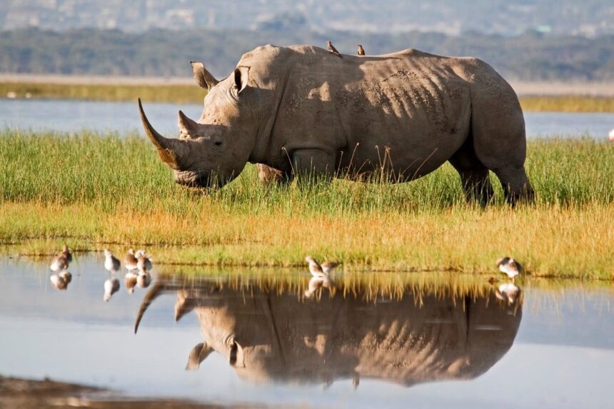 rhinoceros at lake shore in kenya