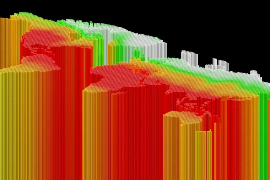 world map rising temperature trends concept