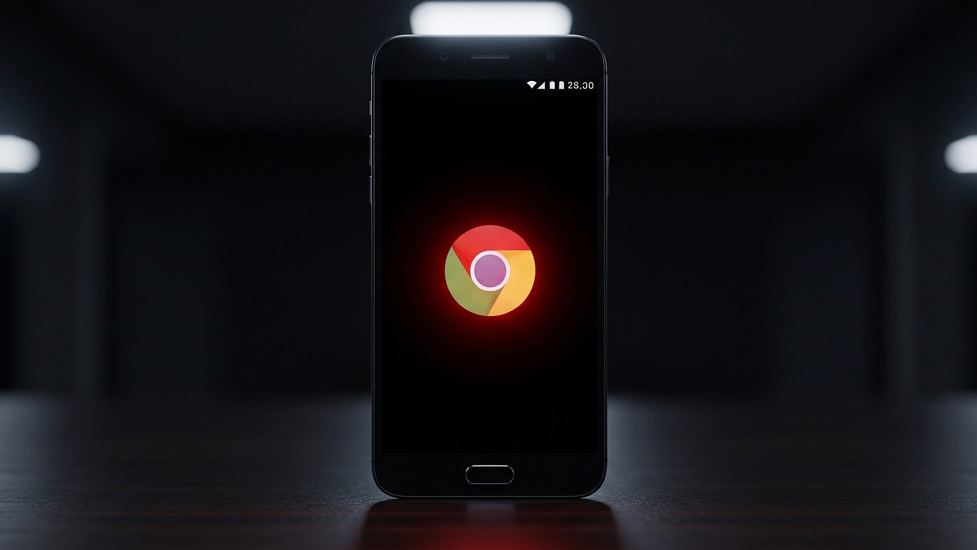 Chrome logo on Android smartphone with red alert w1400h788