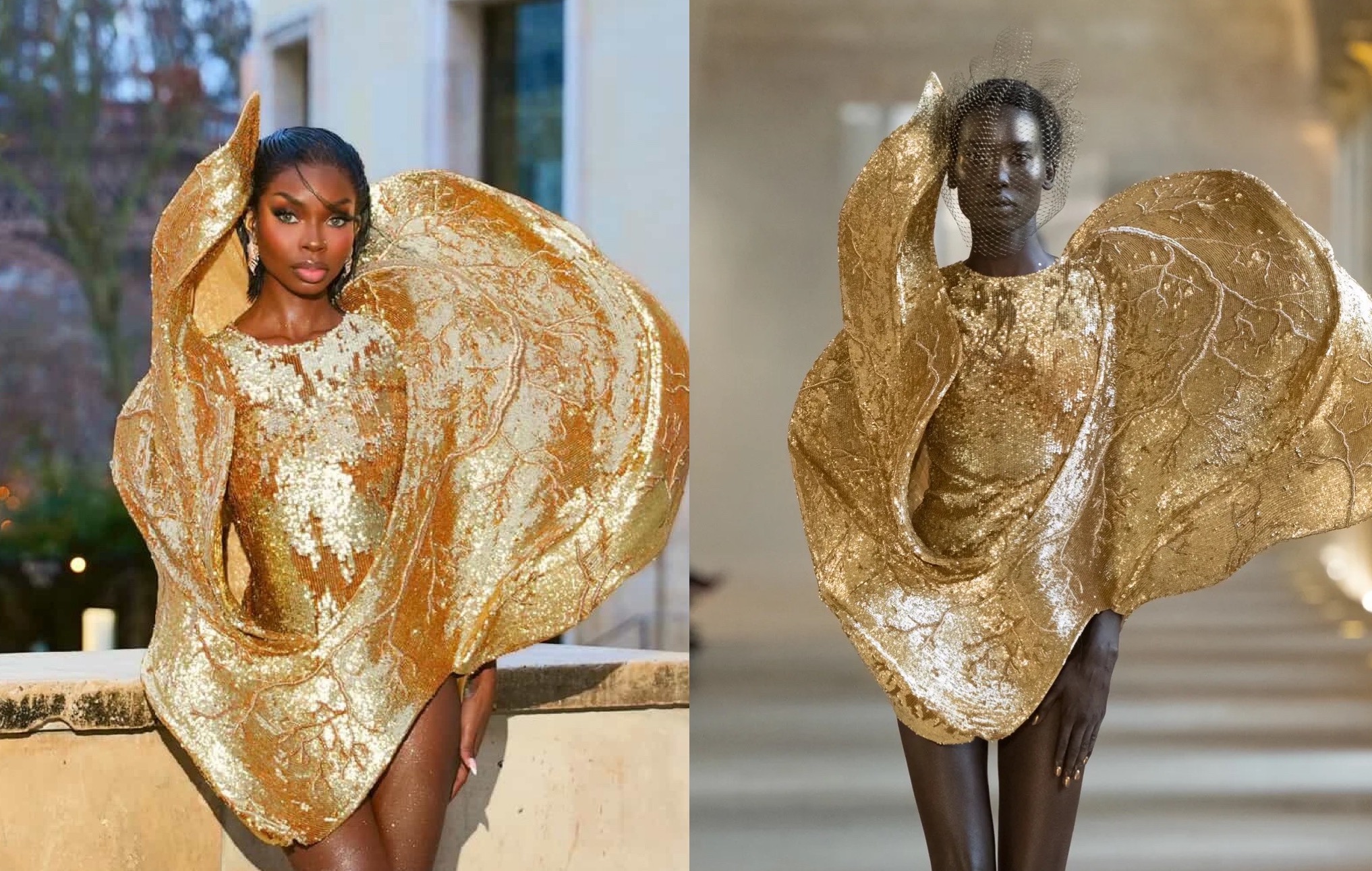 8989 Olandria in a Gold Sculptural Rahul Mishra Couture Gown at Paris Fashion Week