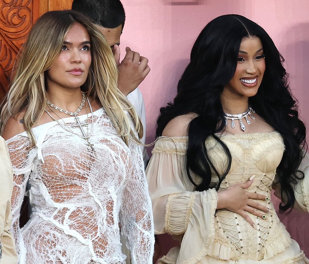 Cardi B in White Zimmermann and Karol G in Cream Ann Demeulemeester Dance with Bad Bunny at the Supe