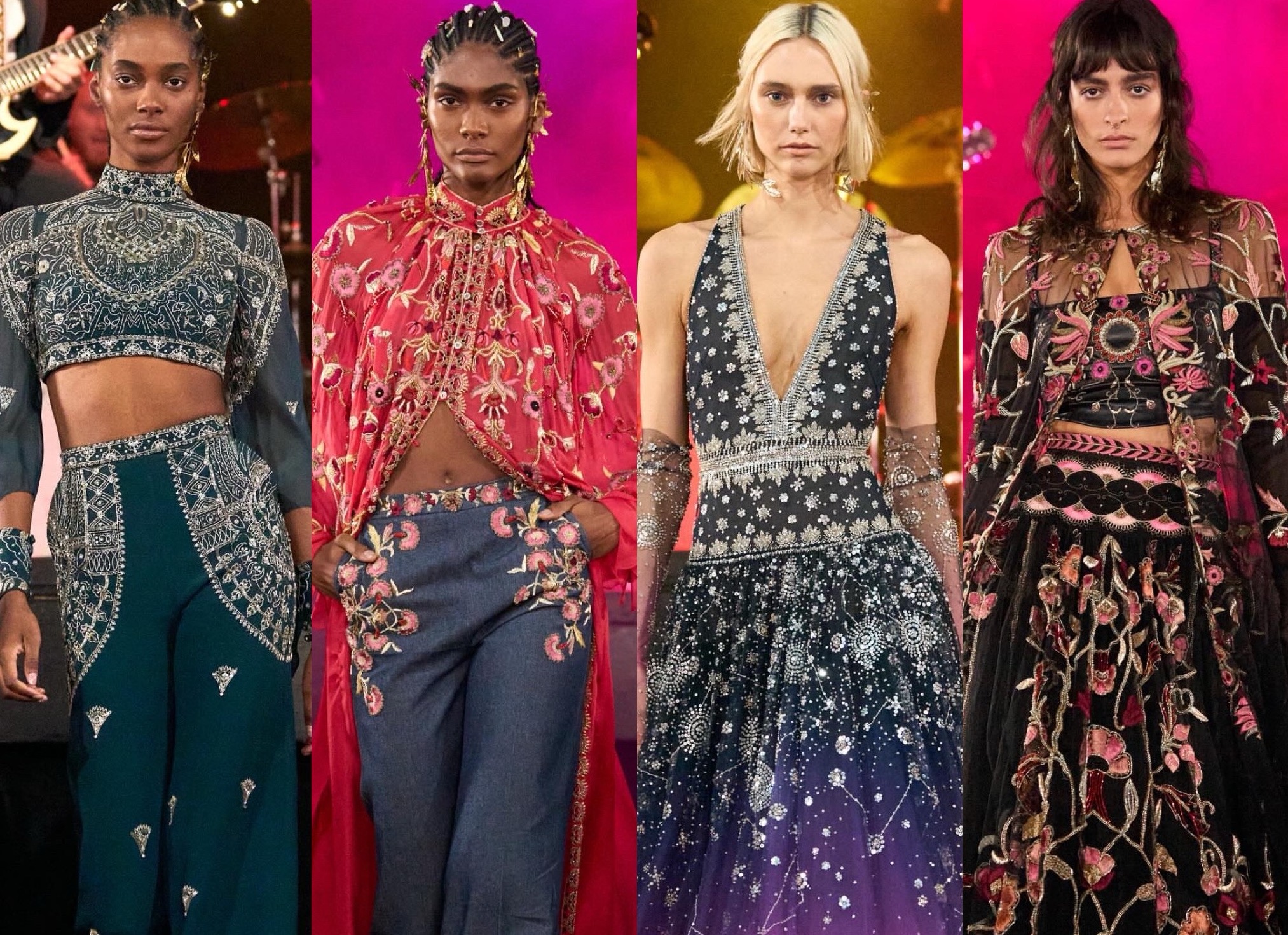 On the Scene at Cucculelli Shaheens Electric Cosmos Show at Bowery Ballroom Gold Beaded Gowns Emeral