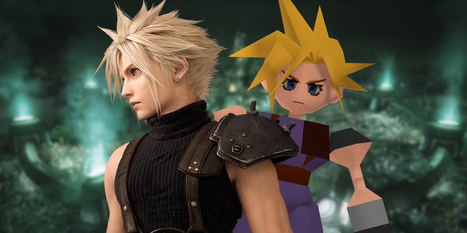 cloud in both his ff7 remake a d original low poly designs in front of midgar
