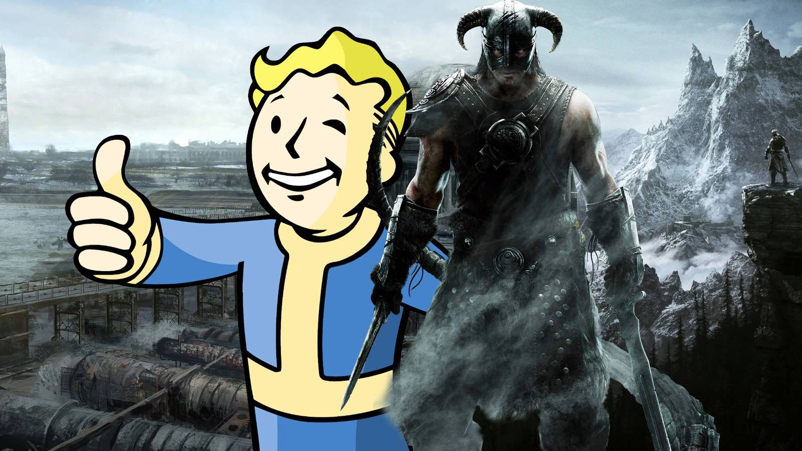 vault boy and the dragonborn in front of fallout 3 and skyrim landscapes