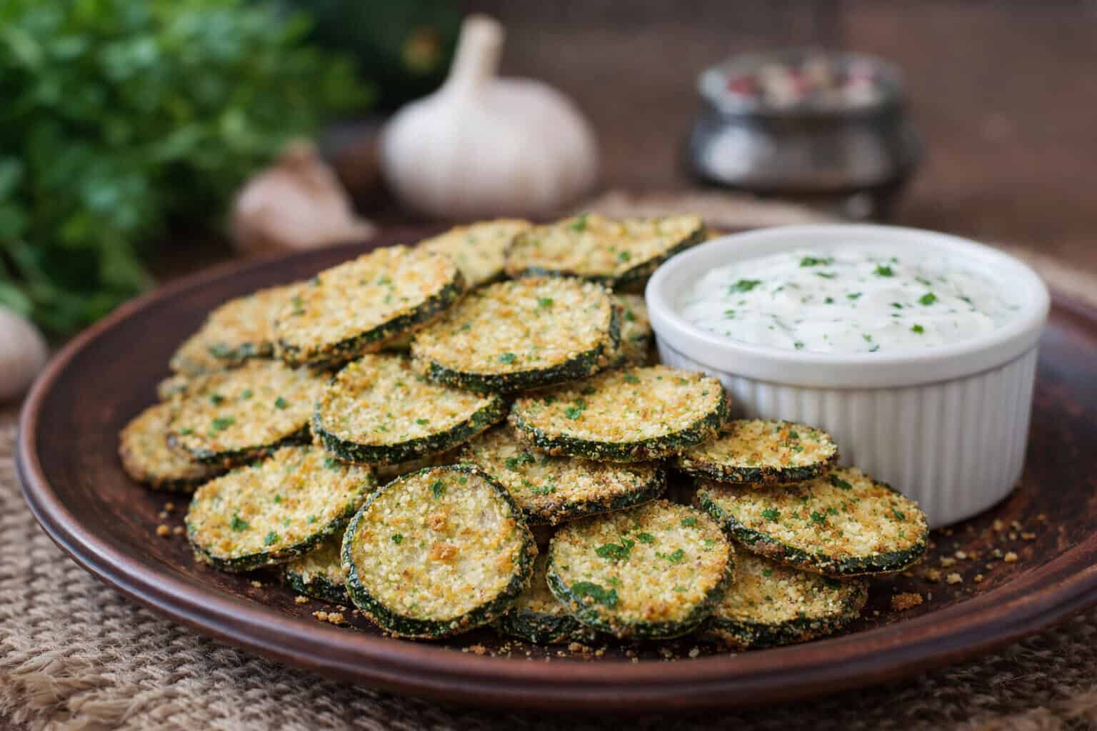 Air Fryer Zucchini Chips with High Protein Ranch Dip