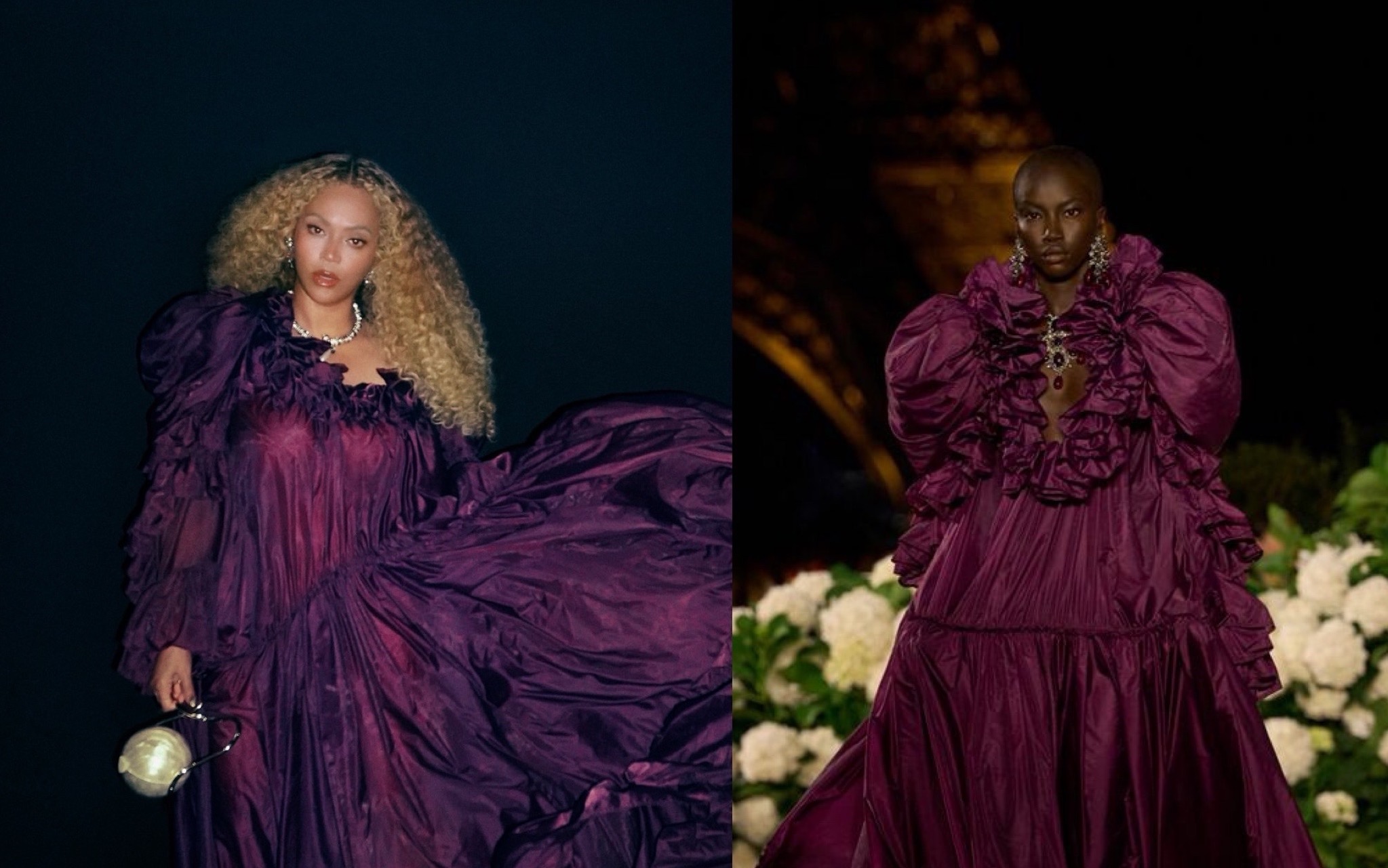 Beyonce Grabs Dinner in Plum Taffeta Spring 2026 Saint Laurent Gown and Pearl Cult Gaia final 22