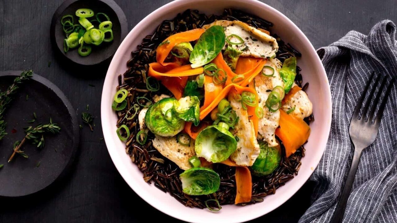 Chicken and Wild Rice Bowl With Brussels Sprouts
