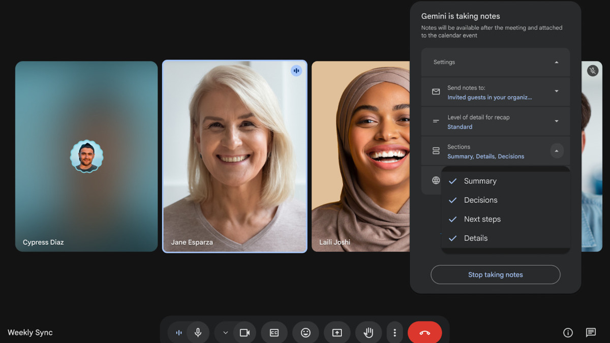 Google Meet Take notes customization