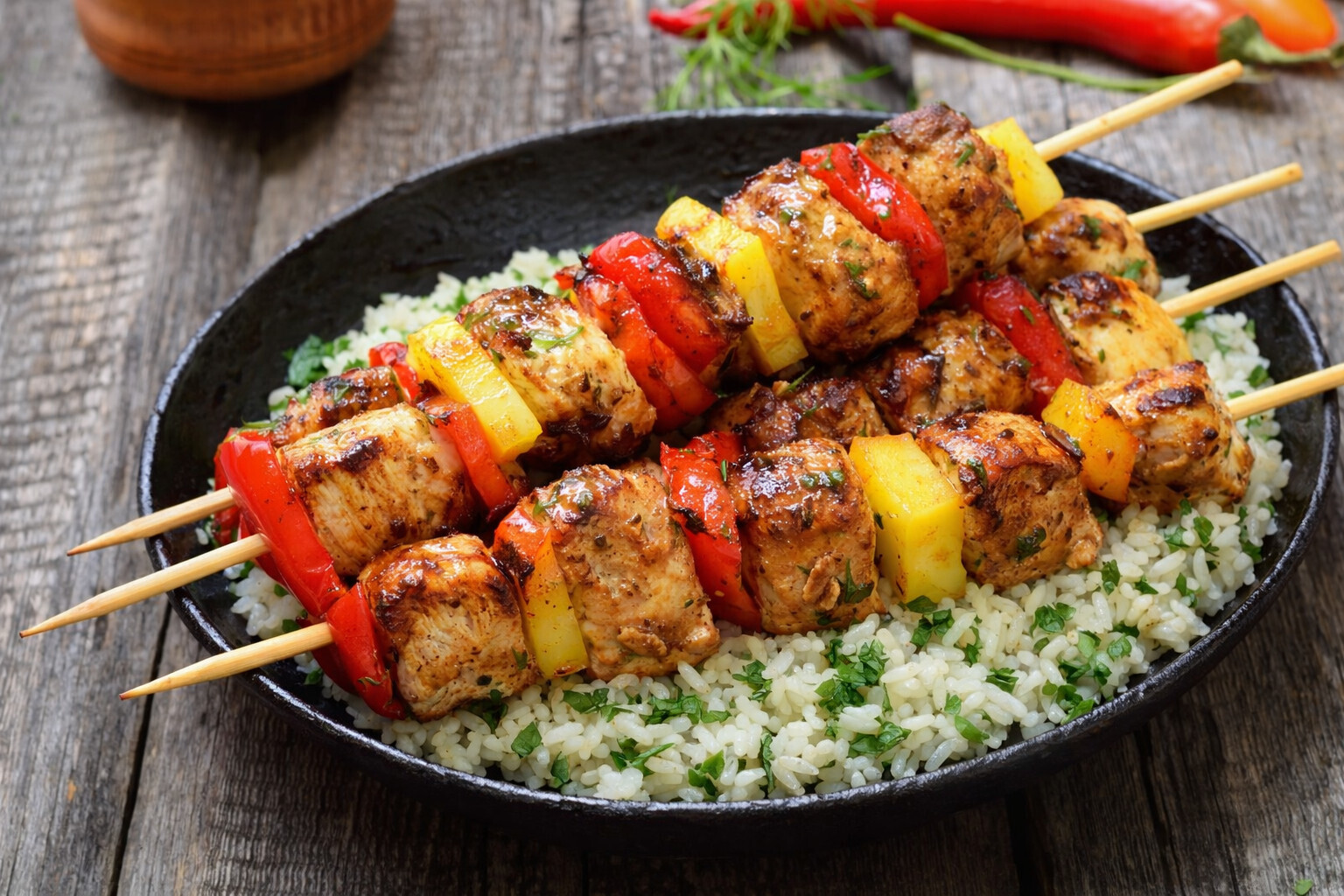Hawaiian Chicken Kebabs Cilantro Ginger Rice