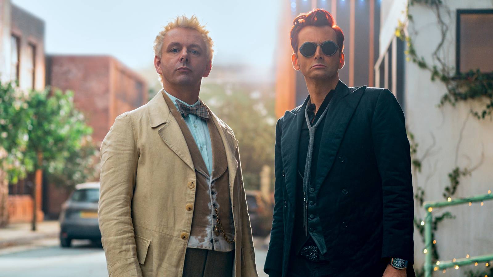 aziraphale and crowley staring ahead in good omens