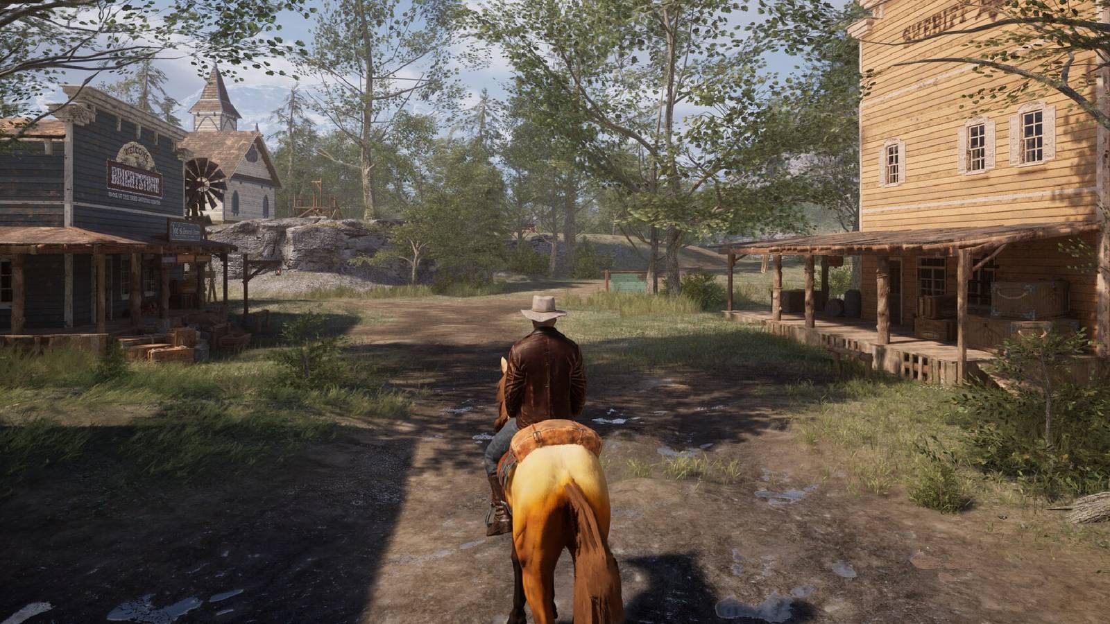 frontier legends character riding on horseback through western town